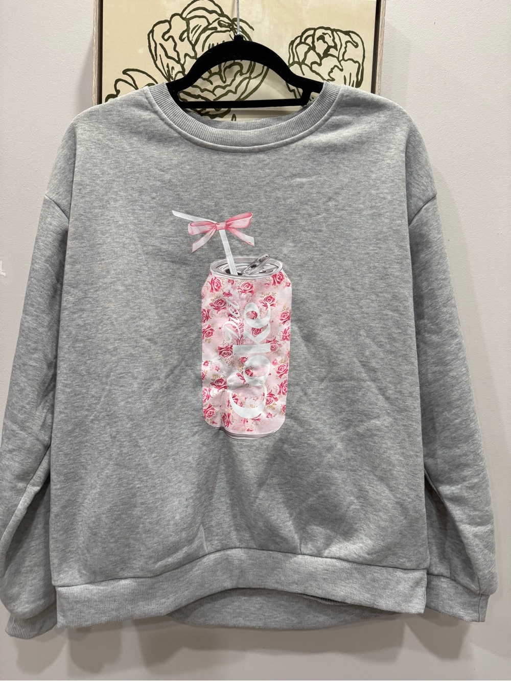 Women’s Crewneck Gray Sweatshirt Pink Floral Coke Coca Cola Can ~ NEW, NO TAG